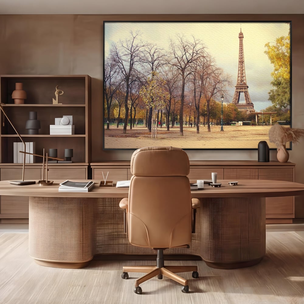 Tablou canvas cu tablou canvas cu turnul eiffel toamna, in rama de aluminiu negru, pe perete intr-un birou